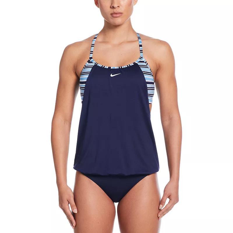 Womens Nike Off Stripe Layered Tankini Swim Top Black Navy Product Image