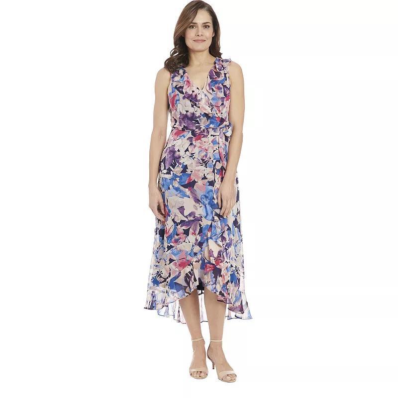 Petite London Times Floral Wrap Ruffle Hem Maxi Dress, Womens Blue Pink Product Image