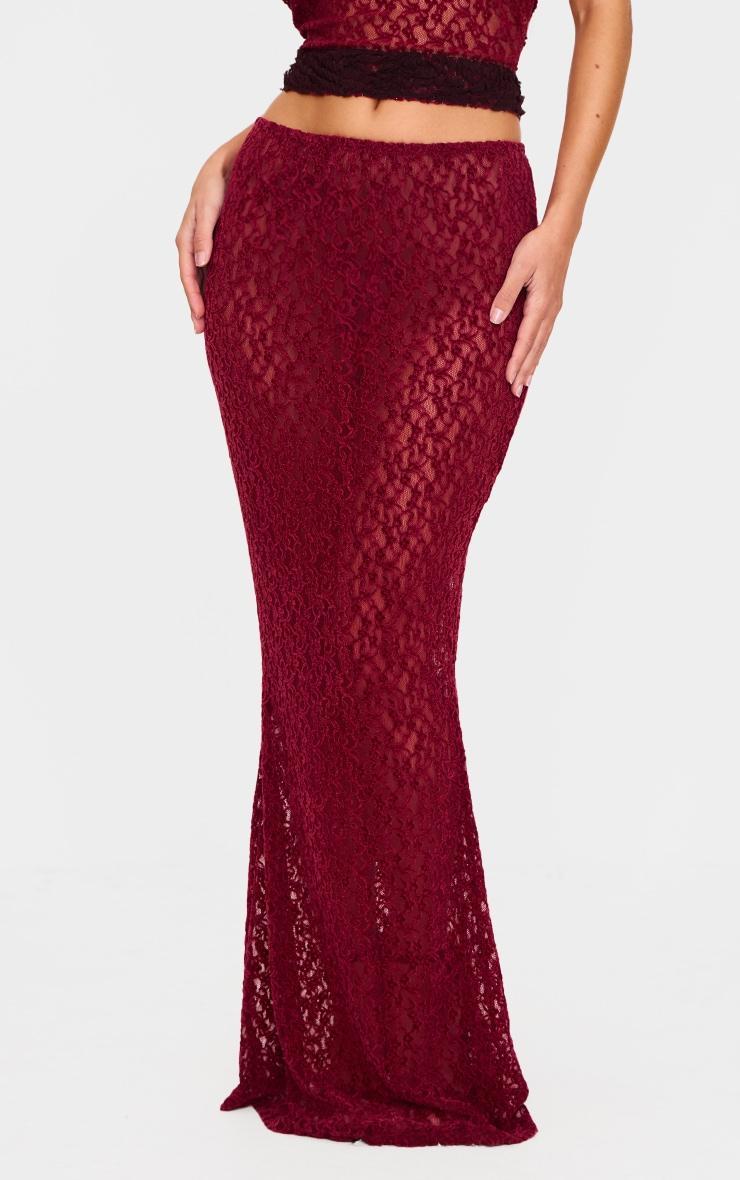 Burgundy Textured Lace Maxi Skirt Product Image