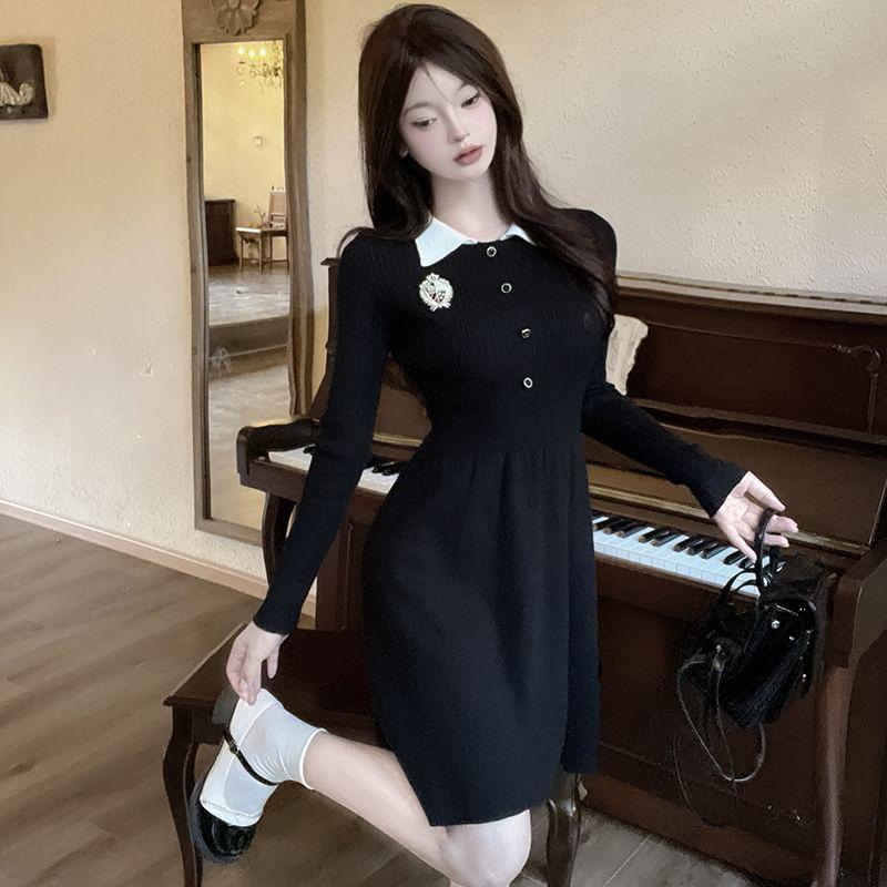 Long-Sleeve Collared Knit Mini A-Line Dress Product Image