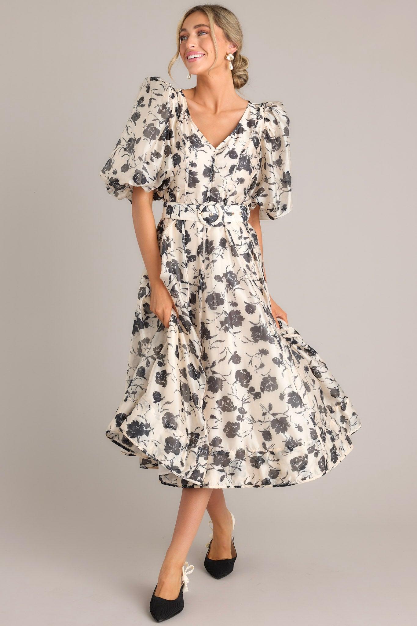 Blossoming Resilience Ivory & Black Floral Belted Midi Dress Product Image