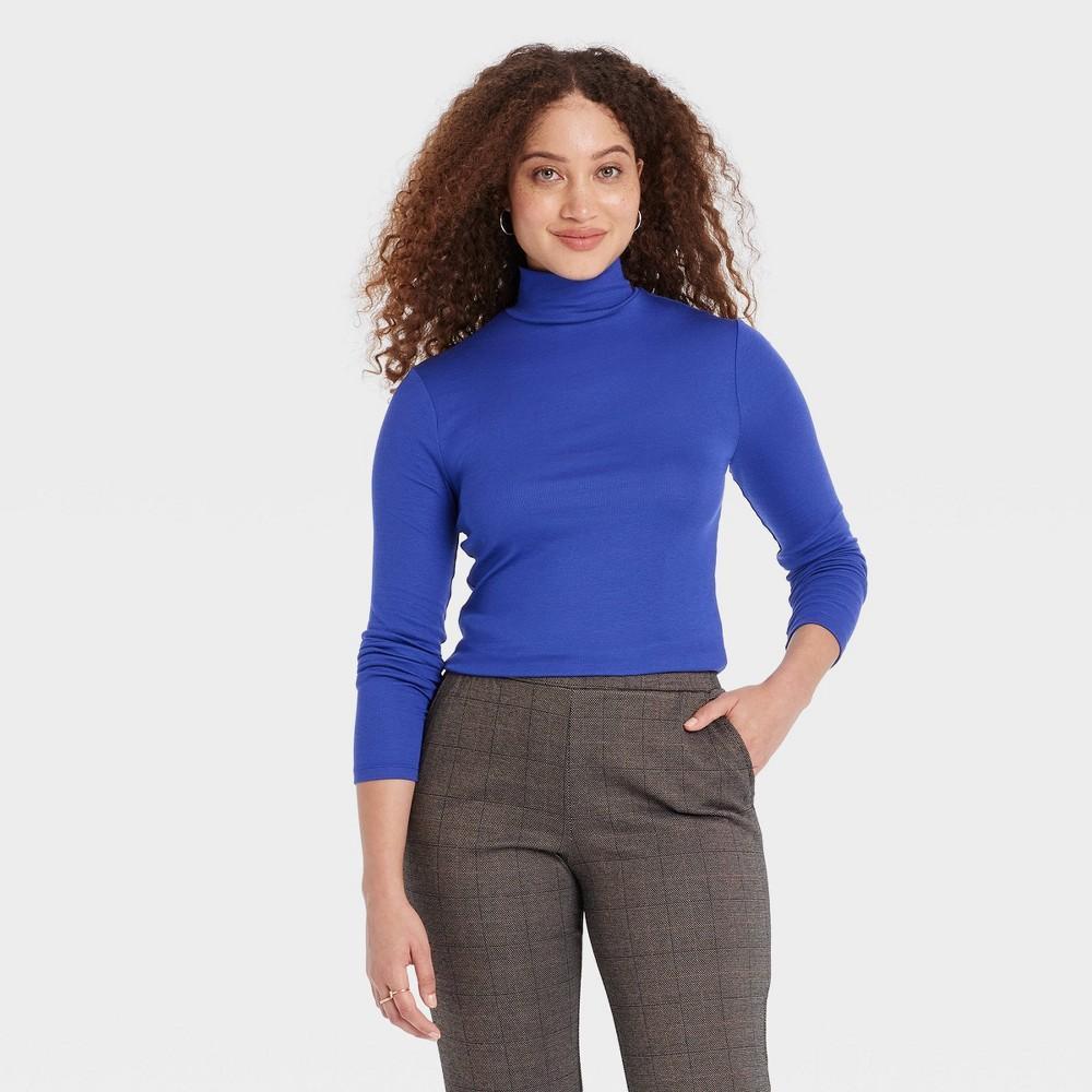 Womens Long Sleeve Mock Turtleneck Ribbed T-Shirt - A New Day Blue Product Image