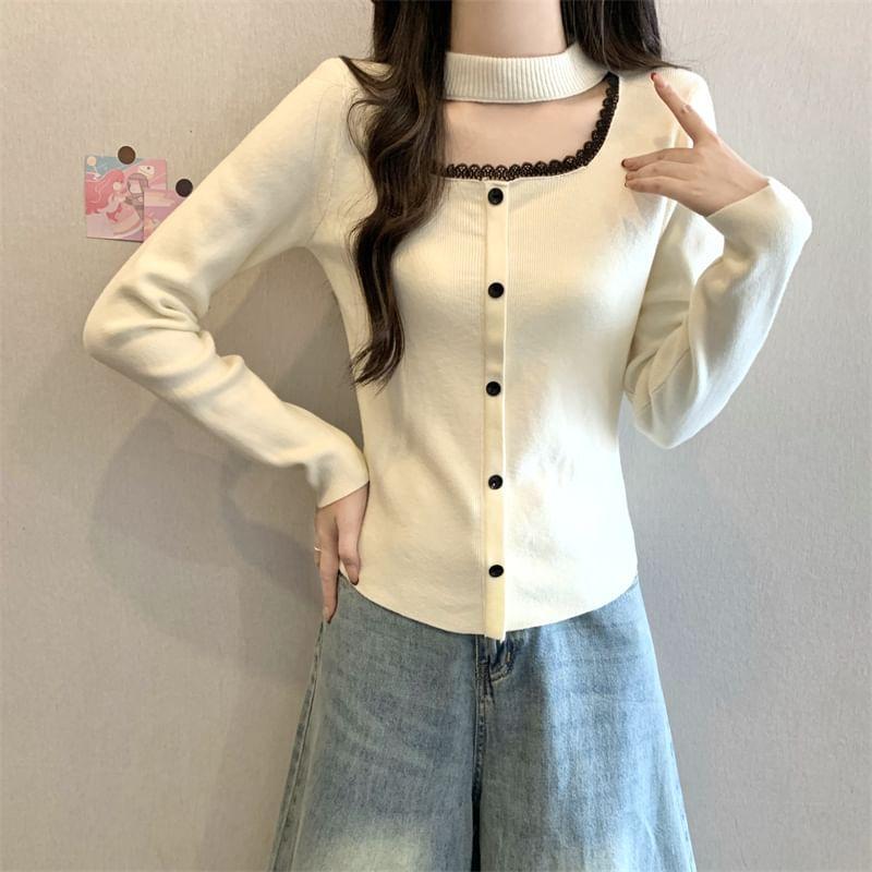 Long-Sleeve Mock Neck Cutout Lace Trim Button Knit Top Product Image