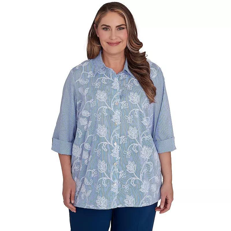 Plus Size Alfred Dunner Embroidered Pinstripe Button Down Top, Womens Product Image