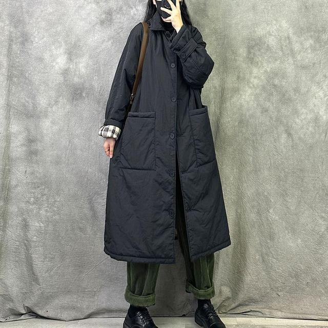 Collared Plain Padded Button-Up Long Coat Product Image