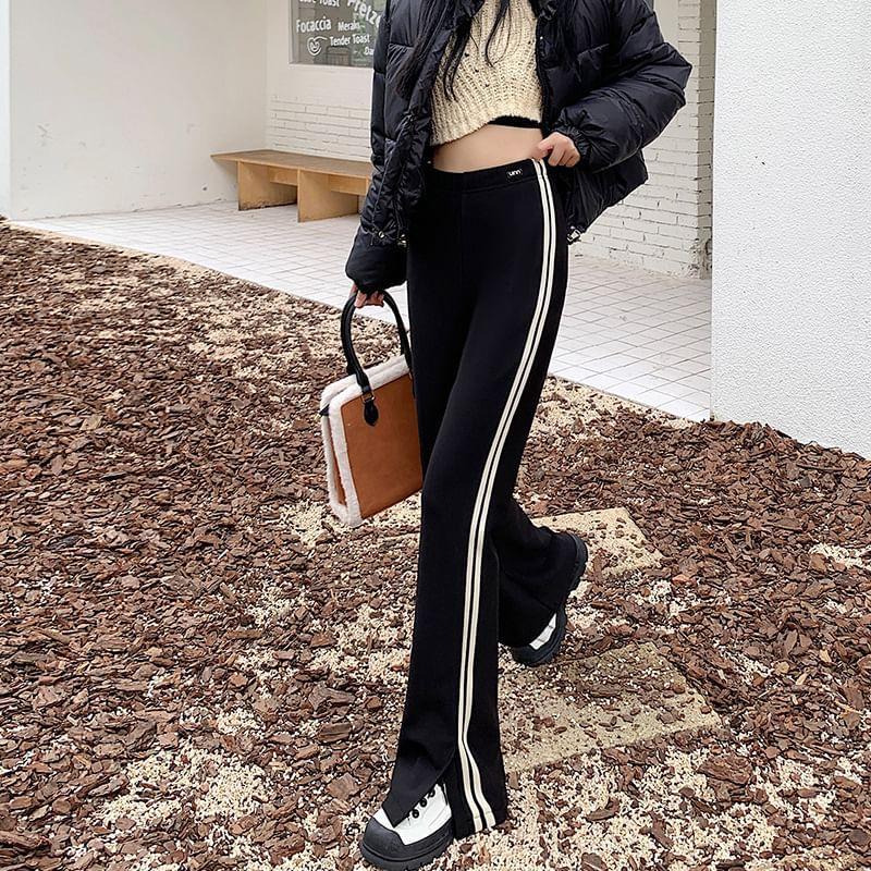 High Rise Striped Slit Fleece-Lined Flared Sweatpants Product Image