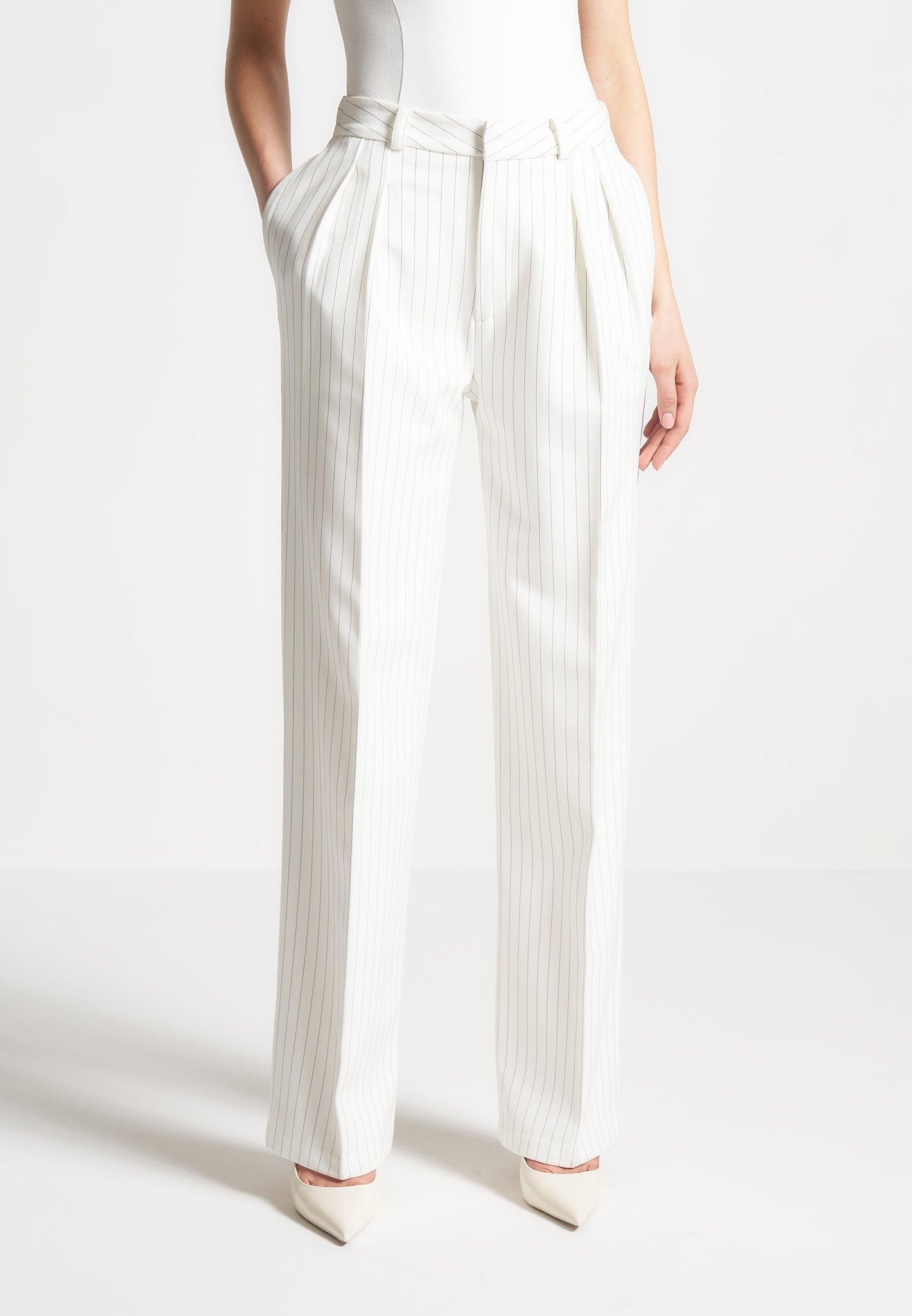 Pinstripe Twin Pleat Tailored Trousers - White Female product image