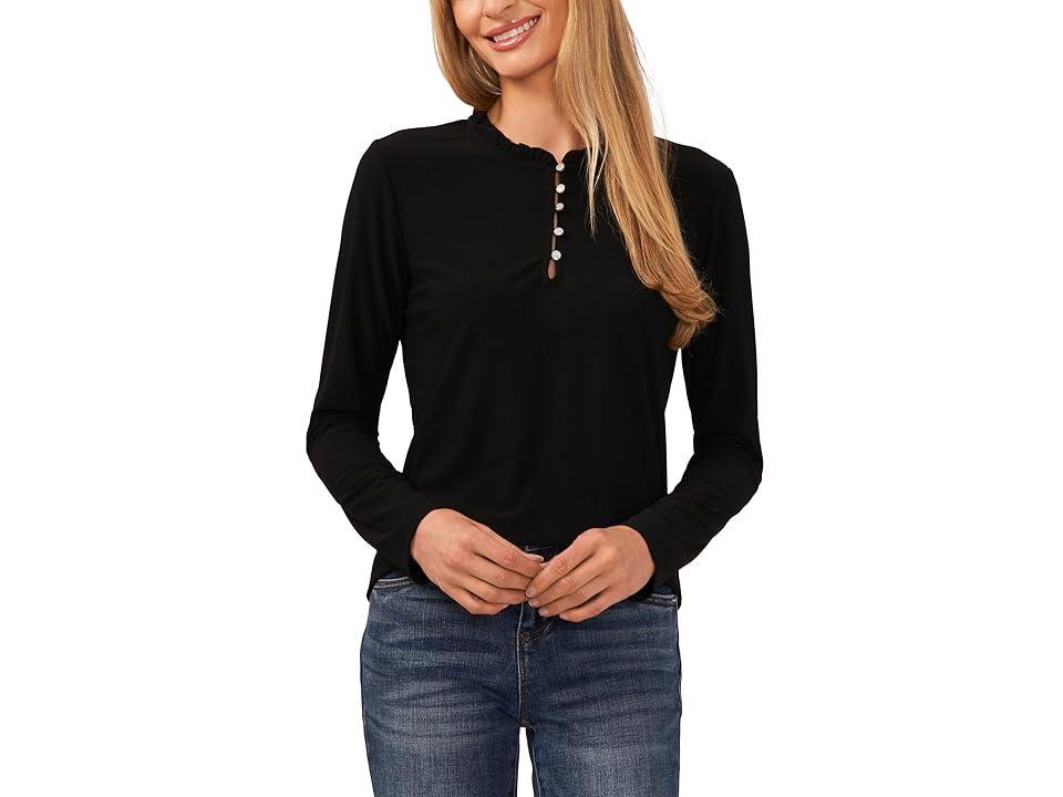 CeCe Womens Ruffle-Trim Long Sleeve Knit Top with Rhinestone Buttons Product Image