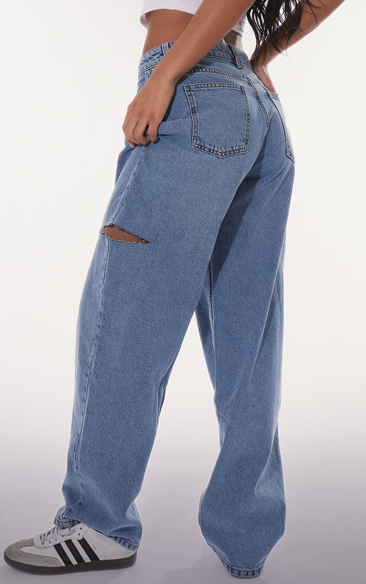 PRETTYLITTLETHING Mid Blue Wash Thigh Split Boyfriend Jeans Product Image