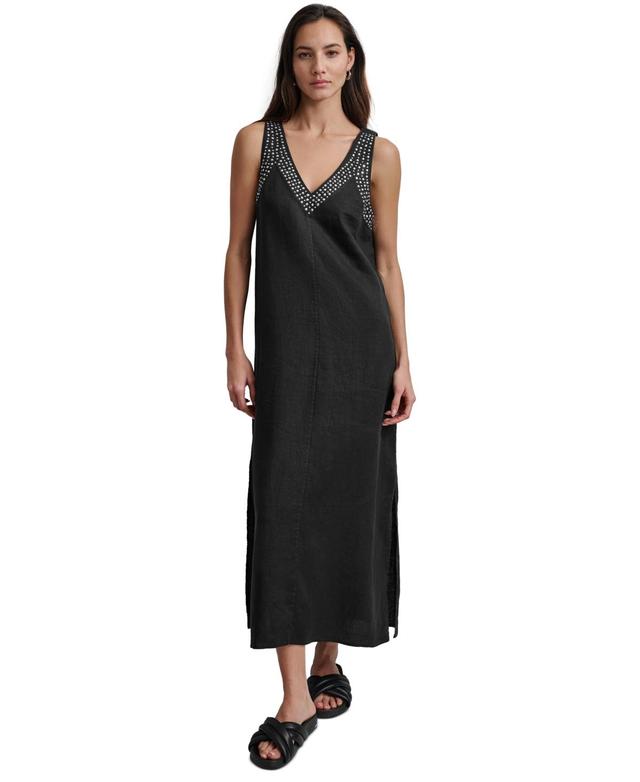 Women's Linen Studded V-Neck Sleeveless Maxi Dress Product Image