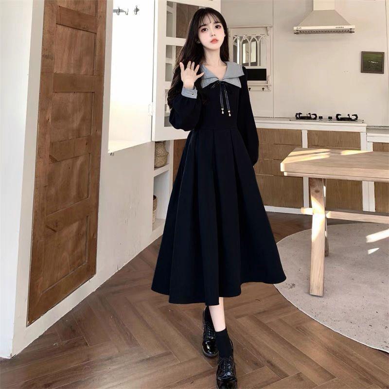 Long-Sleeve Collar Two Tone Bow Midi A-Line Dress Product Image