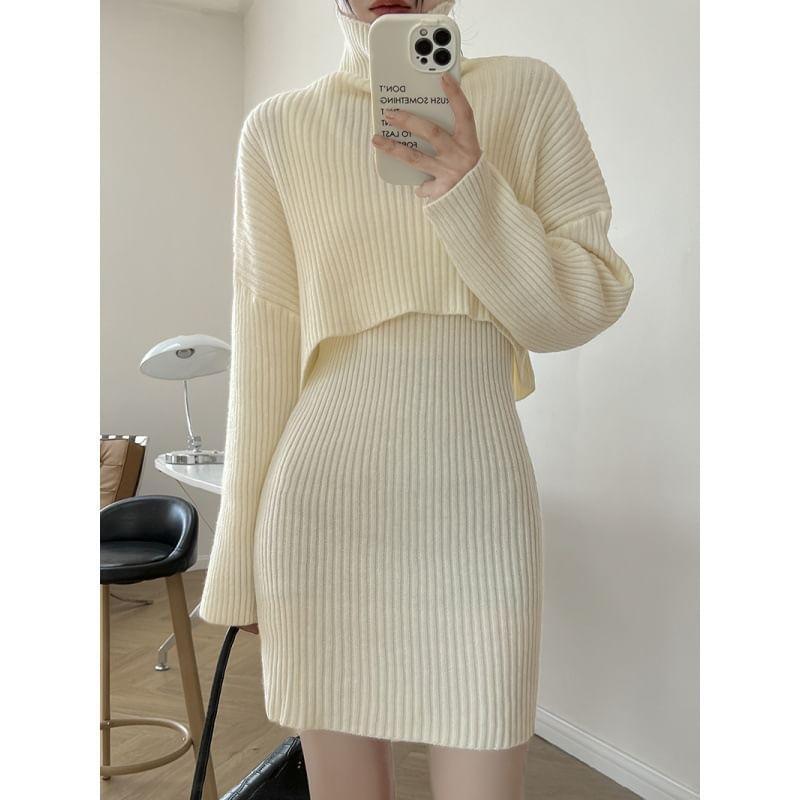 Set: Turtleneck Ribbed Cropped Sweater + Sleeveless V-Neck Mini Sheath Knit Dress Product Image