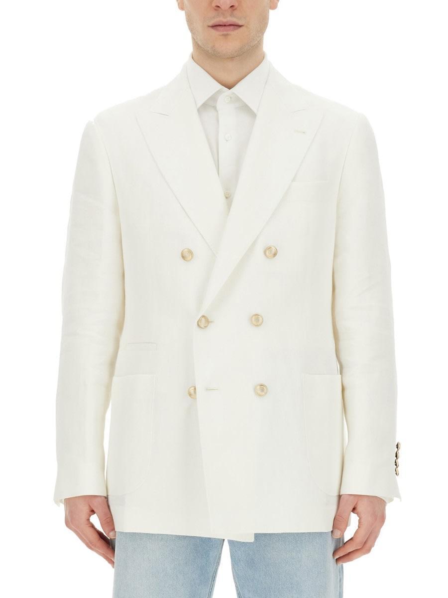 BRUNELLO CUCINELLI Double-breasted Linen And Wool-blend Suit Jacket In White Product Image