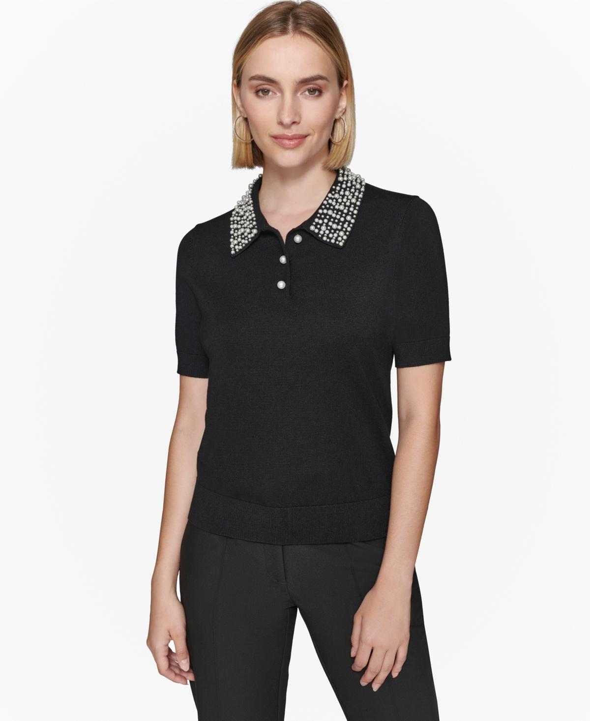 Karl Lagerfeld Paris Womens Embellished Knit Polo Top Product Image