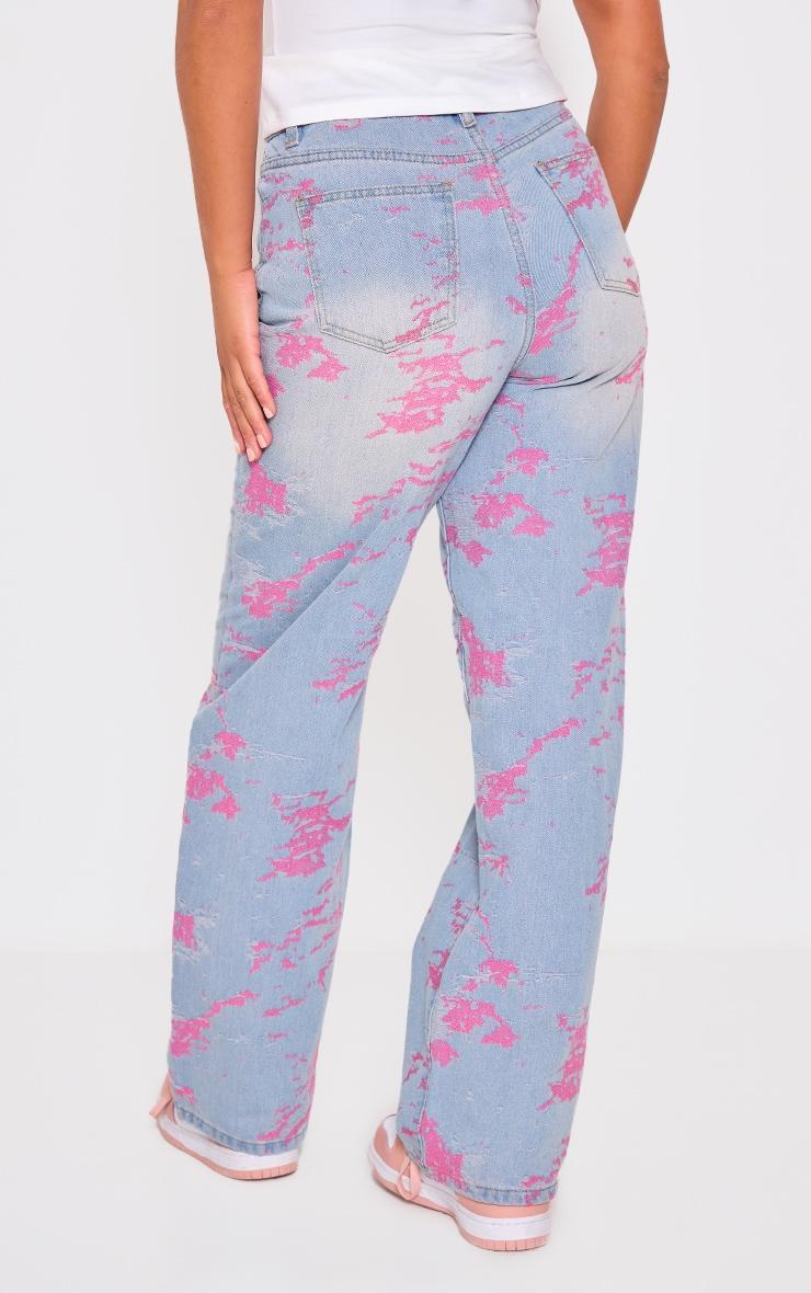 Blue Pink Print Wide Leg Baggy Denim Jeans Product Image