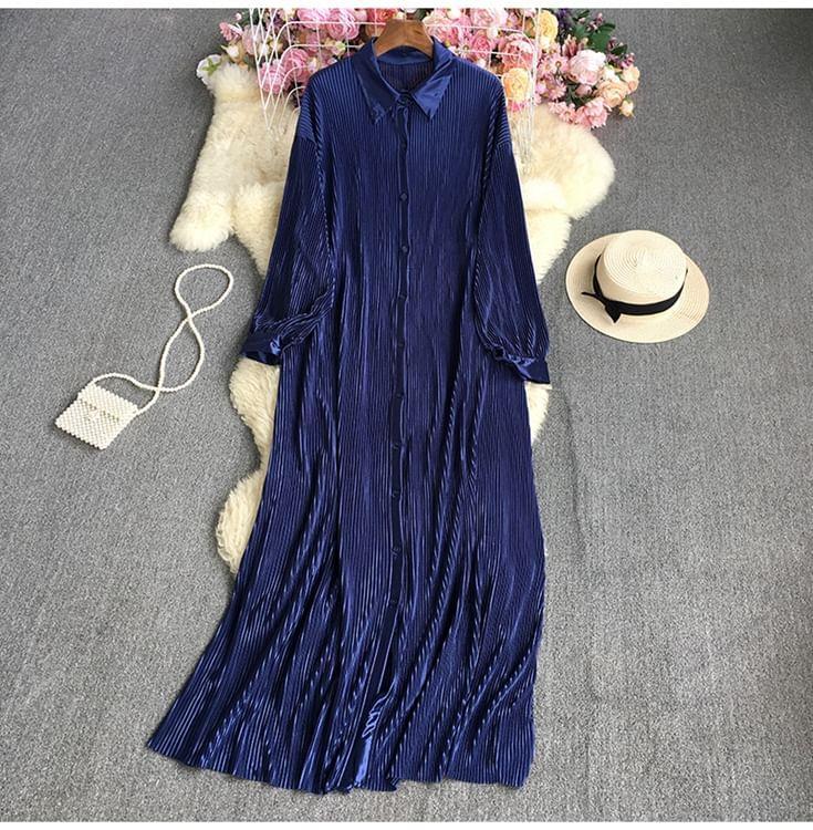 Long-Sleeve Button-Up Plain Maxi Dress Product Image