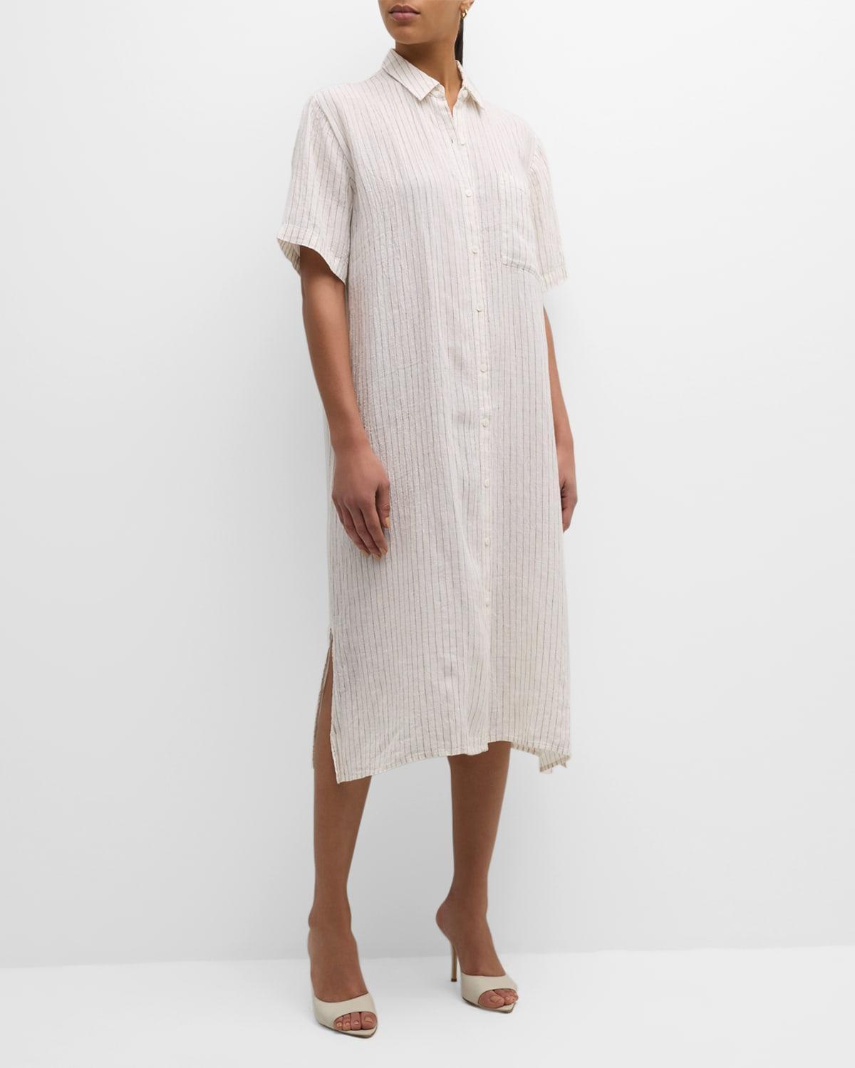 Crinkled Striped Organic Linen Midi Shirtdress Product Image