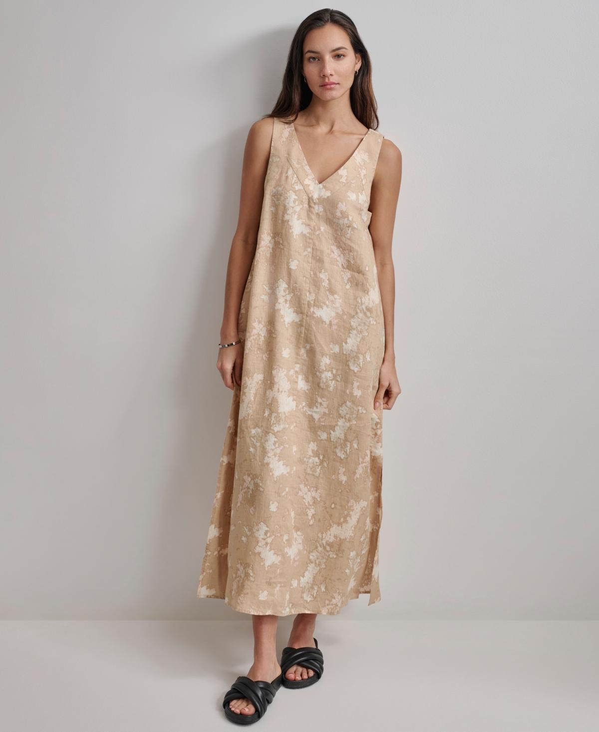 Women's Printed Linen V-Neck Sleeveless Maxi Dress Product Image