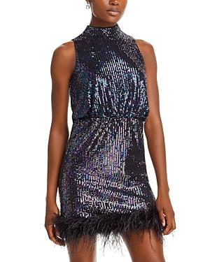 Eliza J Feather Trim Sequin Blouson Minidress Product Image