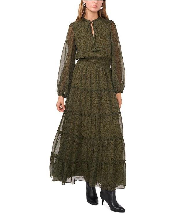 1. STATE Ditsy Floral Chiffon Split Round Tie Neck Sheer Long Blouson Sleeve Smock Waist Tiered Maxi Dress Product Image