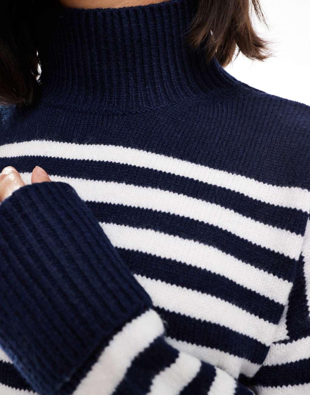 ASOS DESIGN knitted high neck sweater with turn back cuffs in navy stripe Product Image