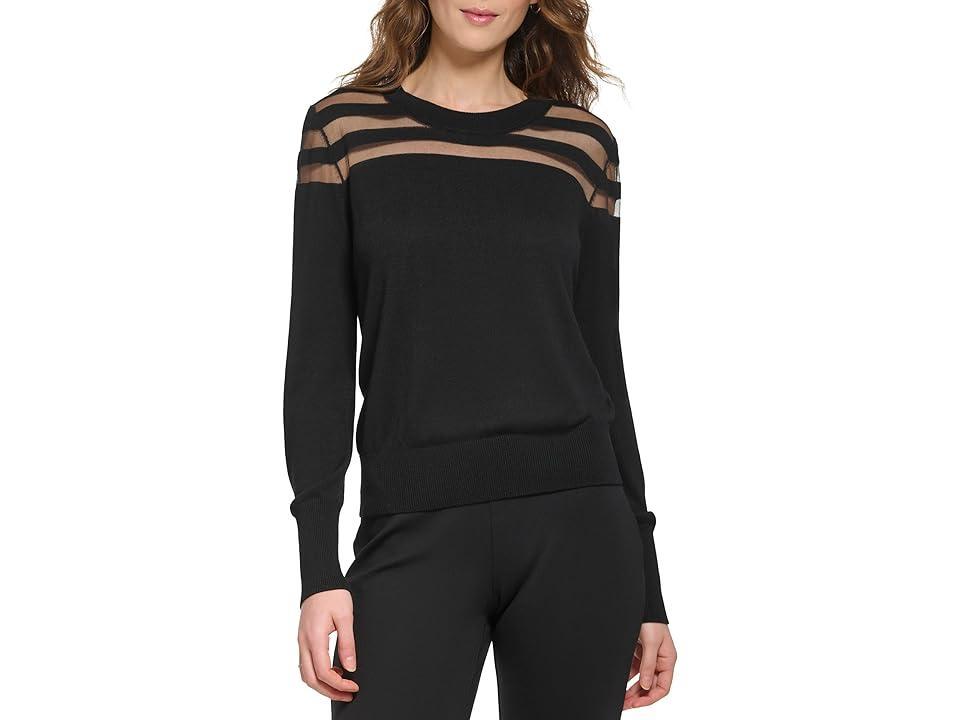 DKNY Long Sleeve Crew Neck Stripe Mesh Yoke Sweater Women's Clothing Product Image