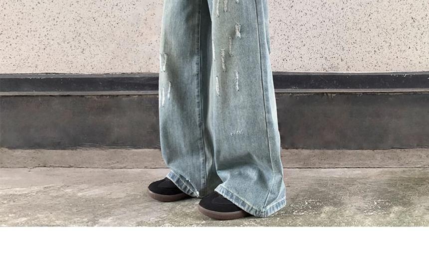 Mid Rise Washed Distressed Straight Leg Jeans Product Image