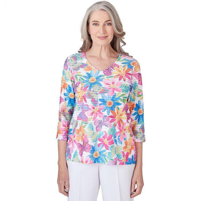 Womens Alfred Dunner Floral & Butterfly Pleated Ruffle Top Product Image