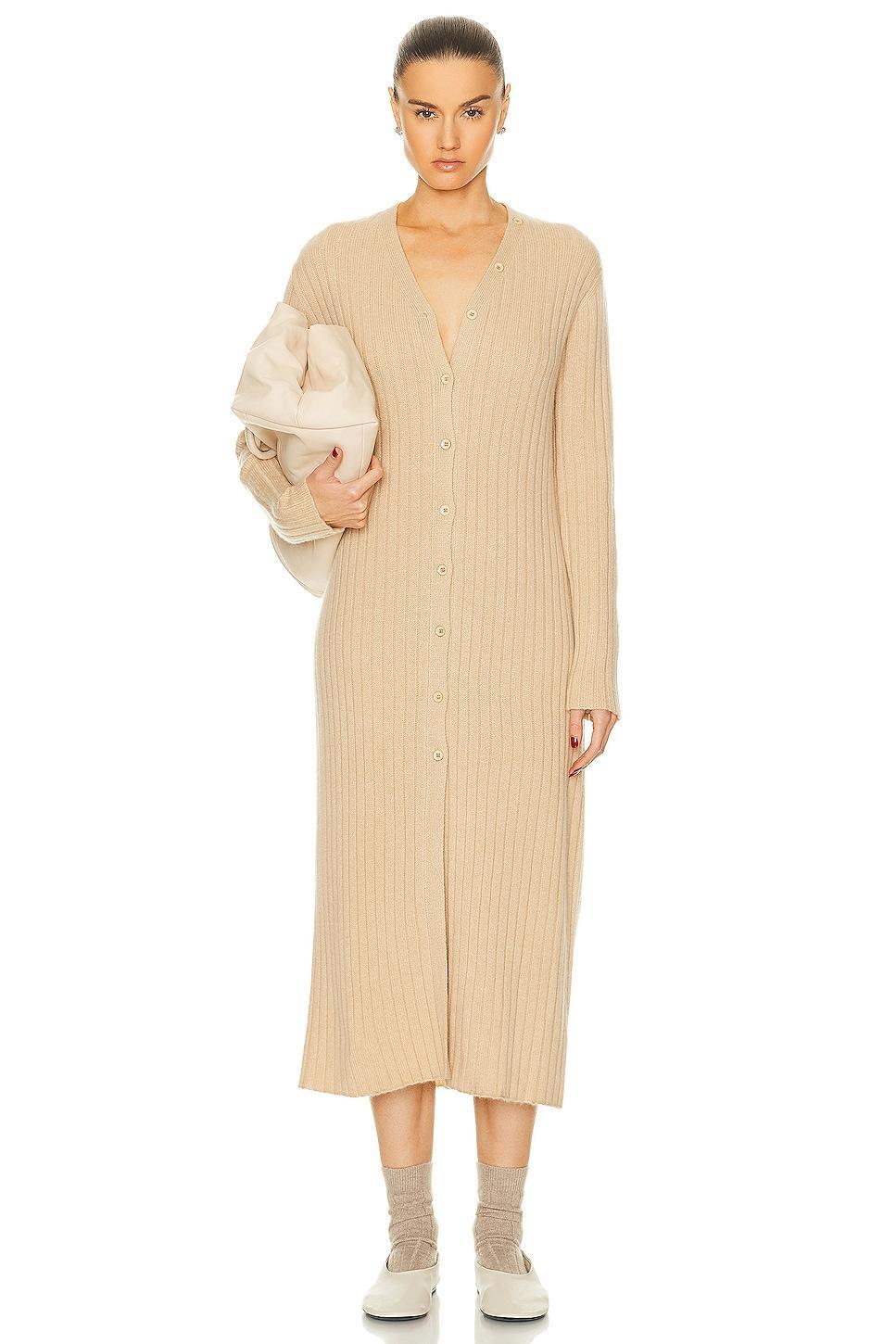 The Elder Statesman Medium Rib Button Dress in Khaki - Tan. Size XS (also in L, M). Product Image