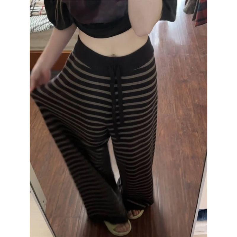 Drawstring Waist Striped Knit Wide Leg Pants Product Image