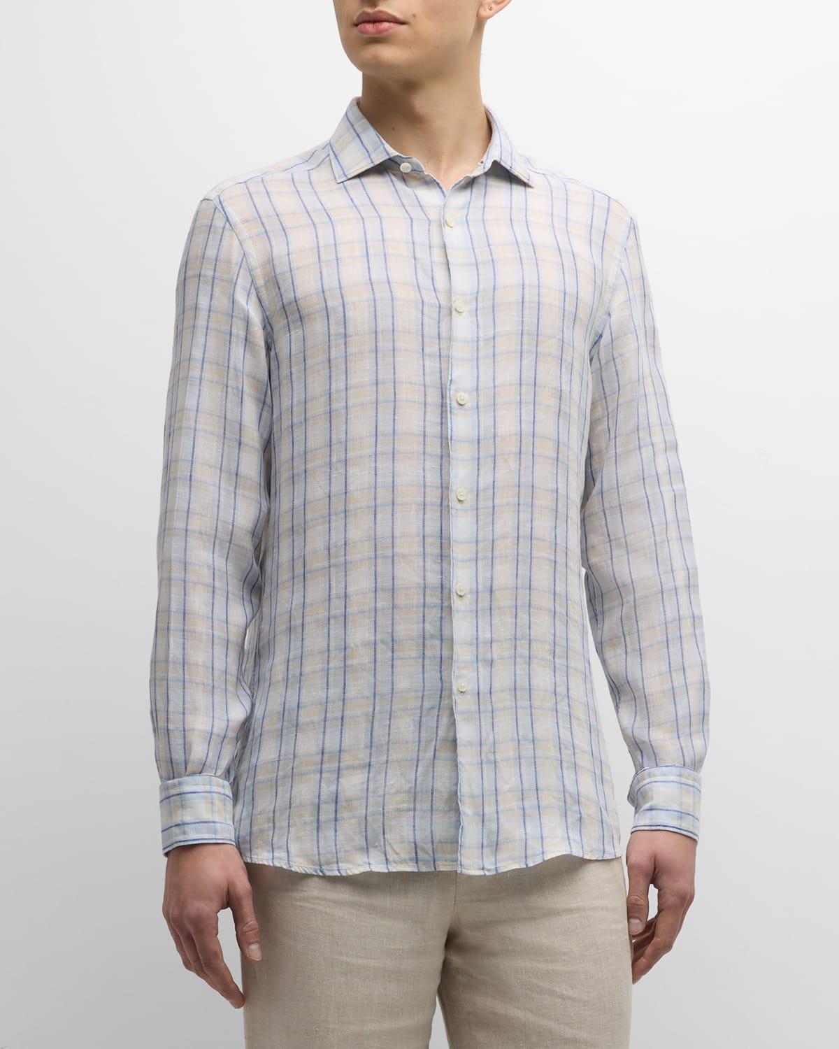 Men's Linen Check Casual Button-Down Shirt Product Image