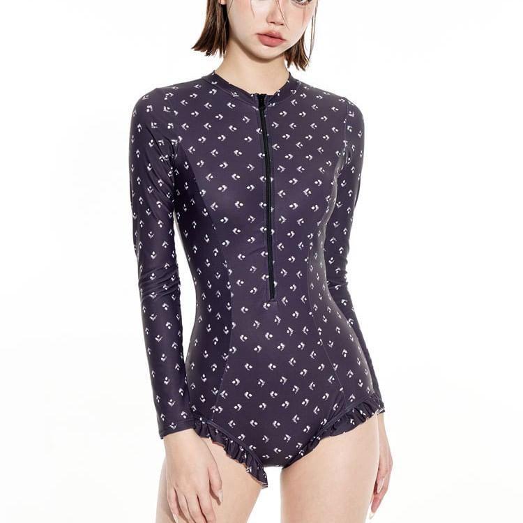 Long-Sleeve Half Zip Print Swimsuit Product Image