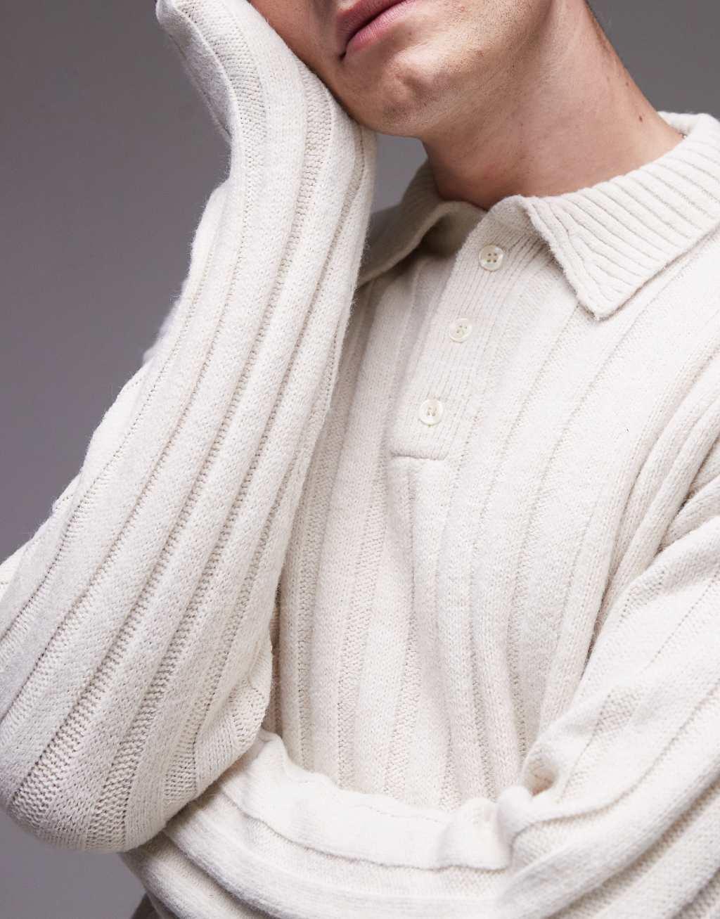 Topman relaxed fit ribbed polo sweater in ecru Product Image