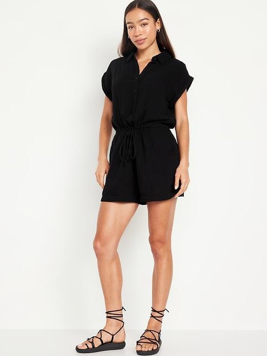 Waist-Defined Crinkle Gauze Romper -- 3-inch inseam Product Image