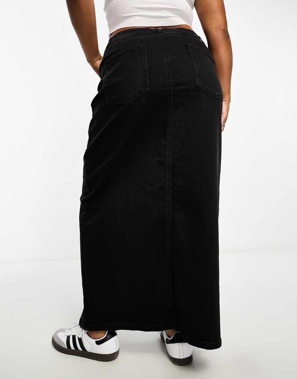 ASOS DESIGN Curve denim maxi skirt with split hem in washed black Product Image