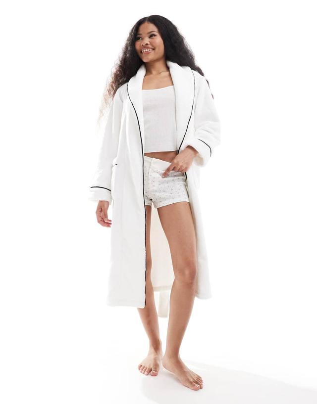 ASOS DESIGN Petite premium super soft fleece midi robe in white Product Image