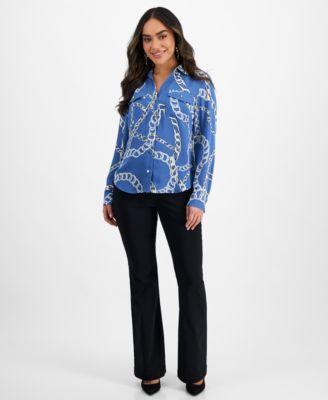 Petite Printed Button-Down Pocket-Front Top and Flare-Leg Pull-On Pants, Created for Macy's Product Image