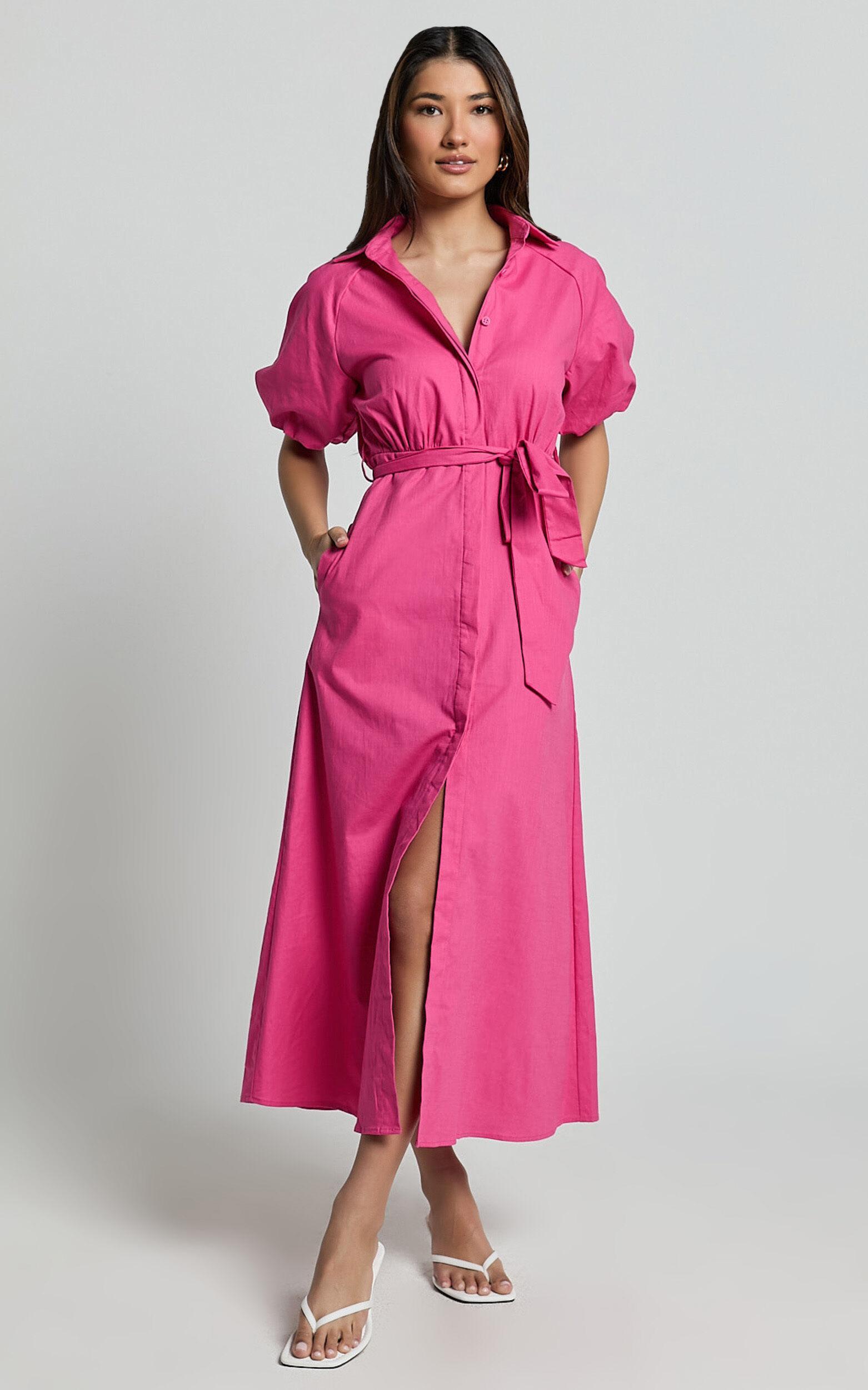 Jesse Midi Dress - Puff Sleeve Collared Shirt Dress in Hot Pink Product Image