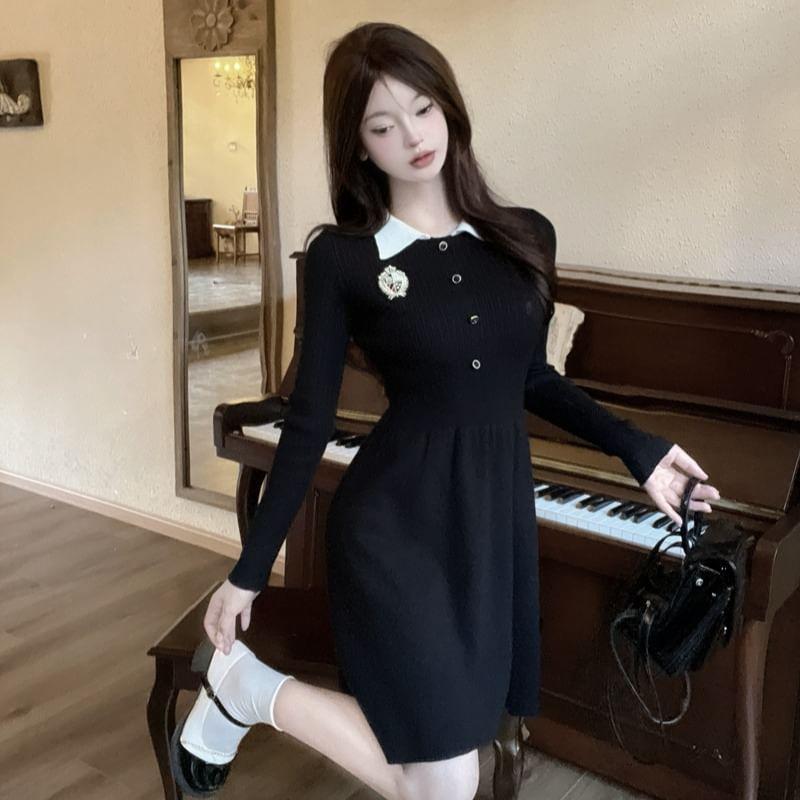 Long-Sleeve Collared Knit Mini A-Line Dress Product Image