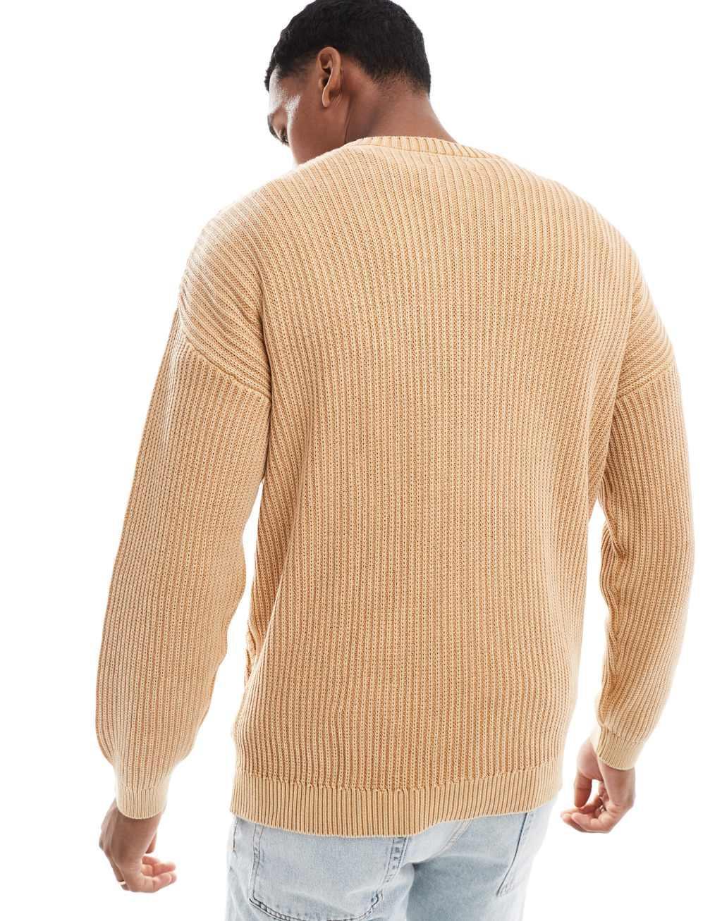 ASOS DESIGN knit washed relaxed cable sweater in stone  Product Image