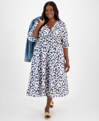 Trendy Plus Size Printed Blouson-Sleeve Cotton Midi Dress, Created for Macy's Product Image