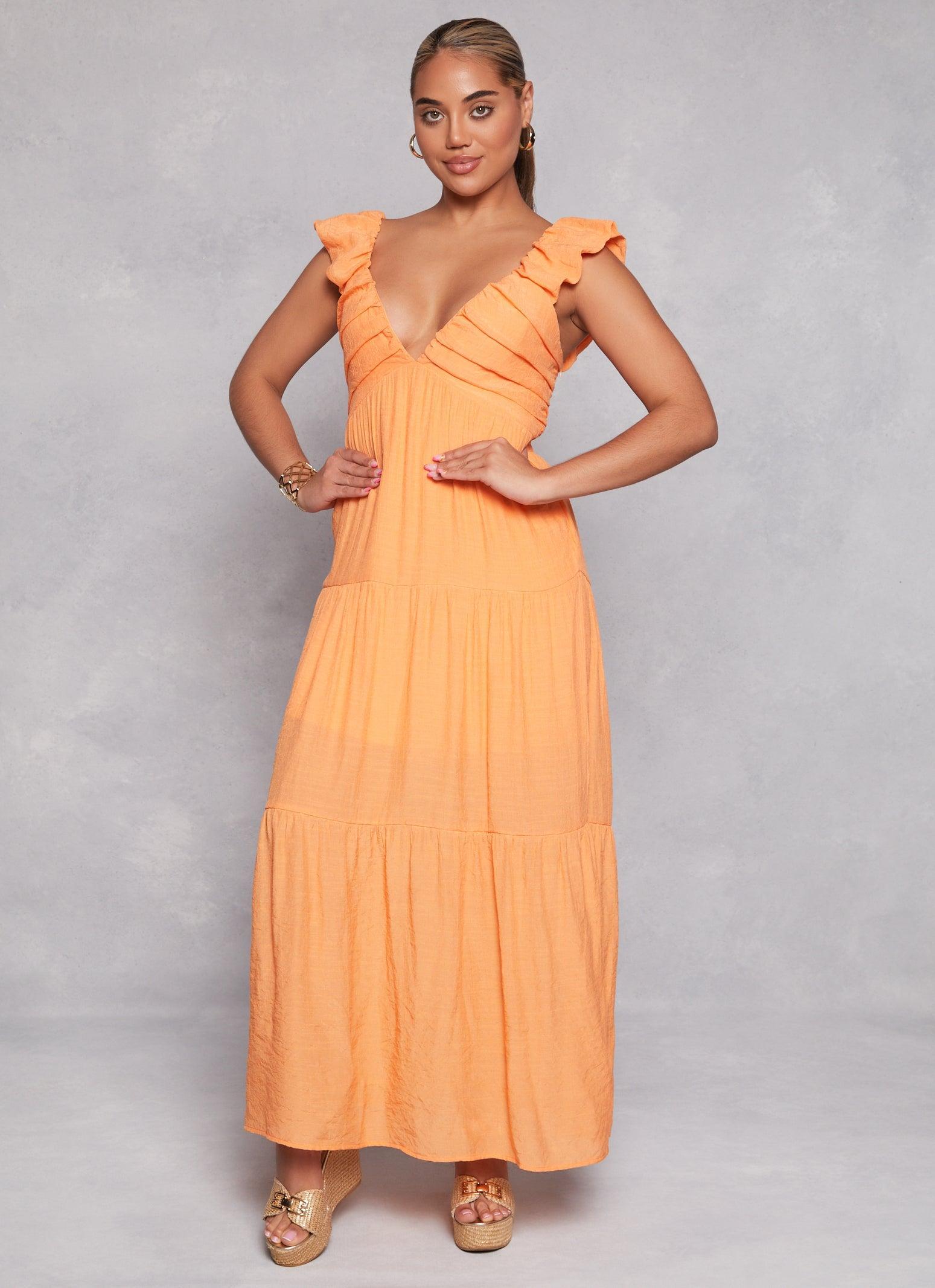 Womens Ruched V Neck Tiered Maxi Dress Product Image