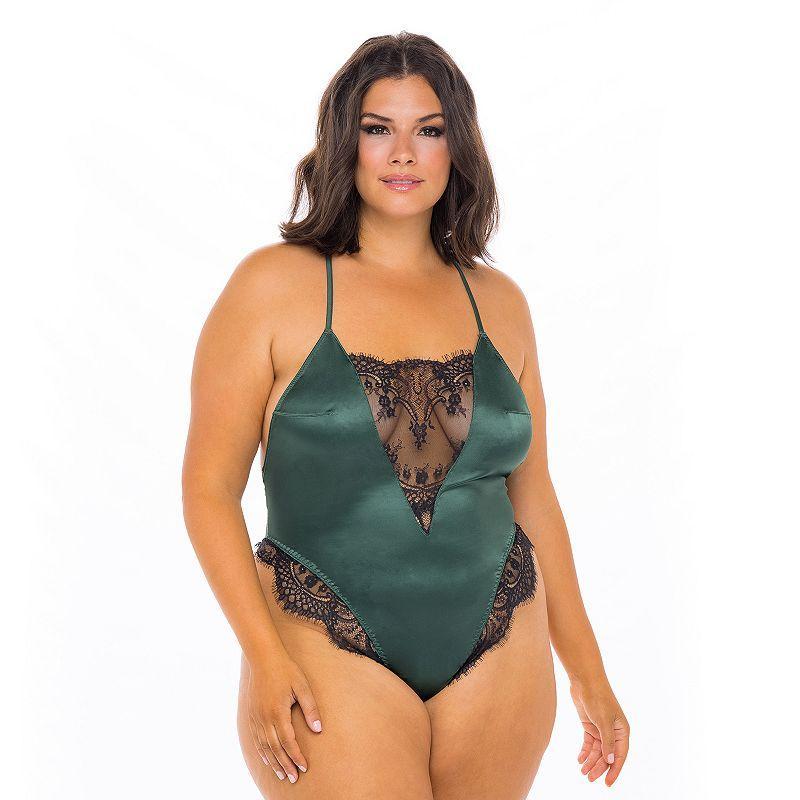 Plus Size Oh La La Cheri Cammi Eyelash Lace & Satin Bodysuit LG-11623X, Womens Product Image