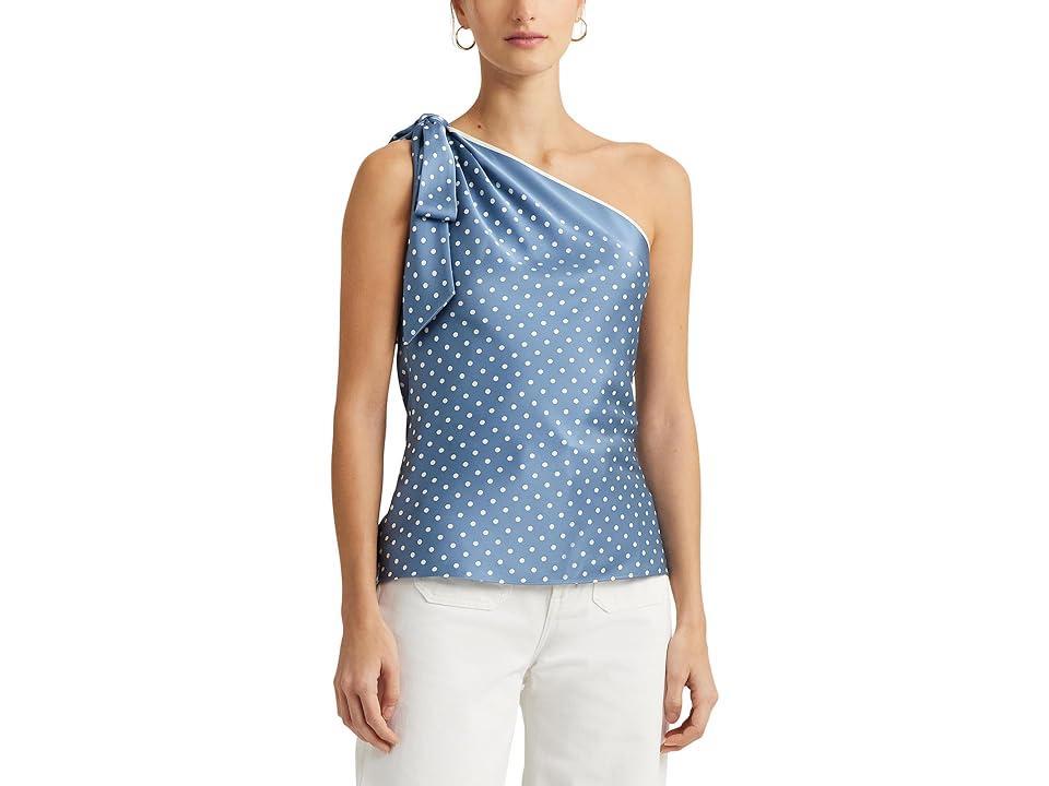 LAUREN Ralph Lauren Polka-Dot Charmeuse One-Shoulder Blouse Cream) Women's Clothing Product Image