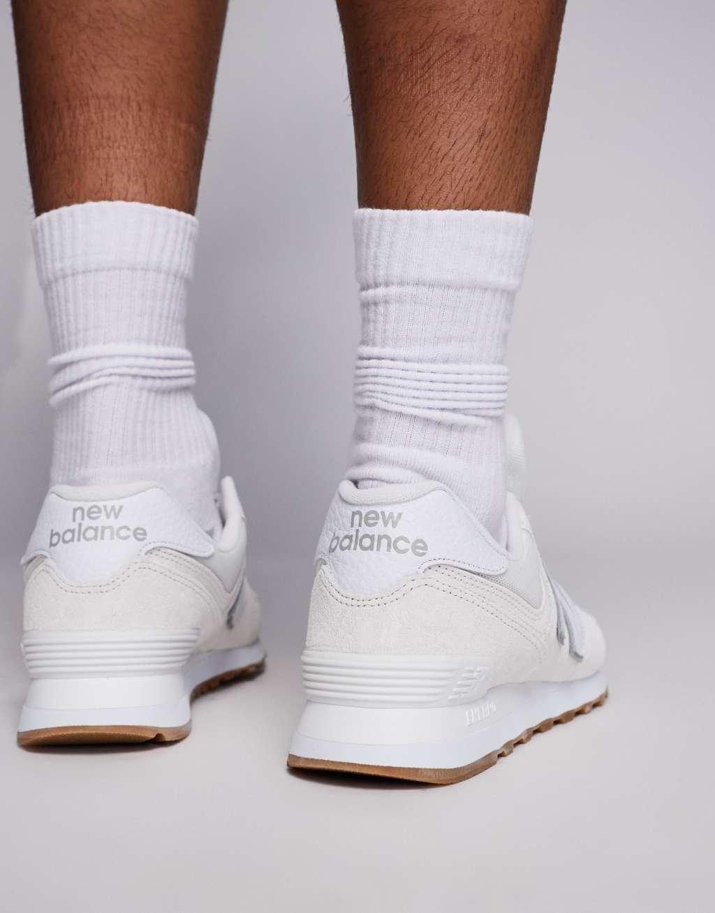 New Balance 574 gum sole sneakers in white with gray detail Product Image