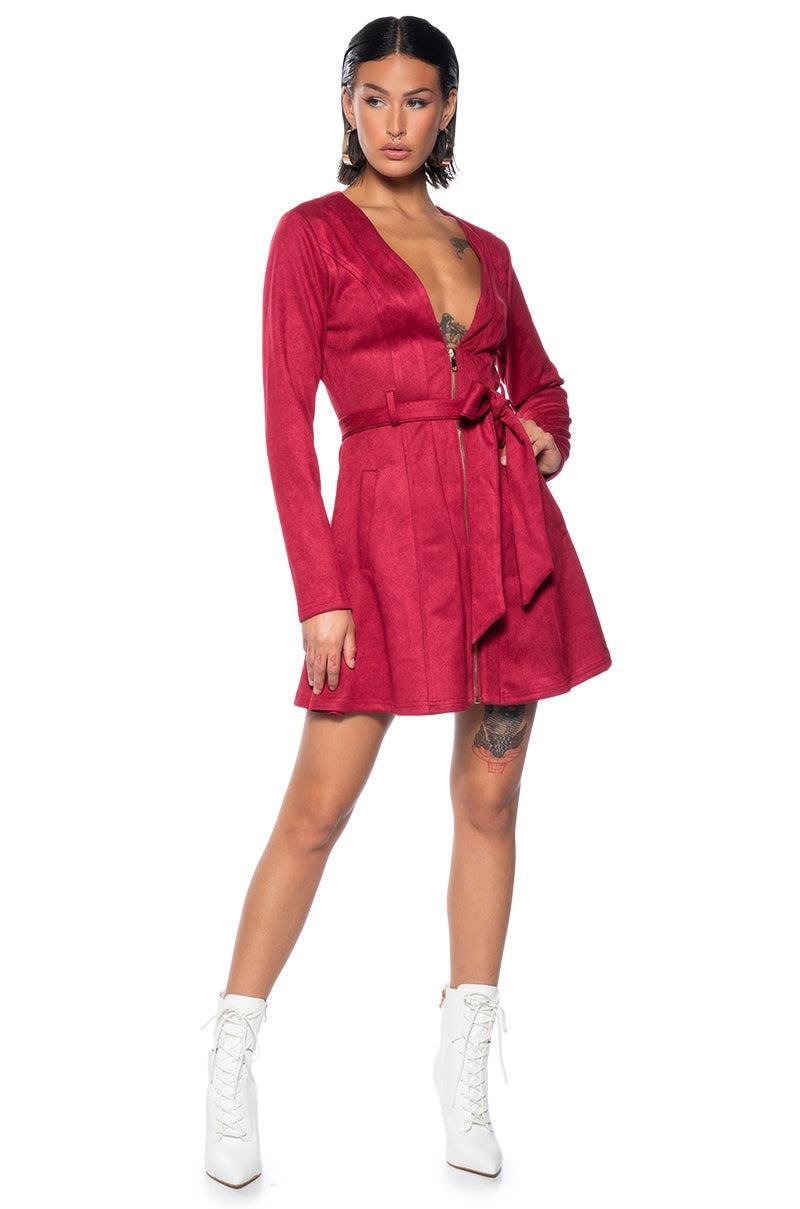 COVET FAUX SUEDE TRENCH MINI DRESS IN RED Product Image