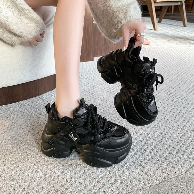 Platform Rhinestone Lace-Up Faux Leather Sneakers Product Image