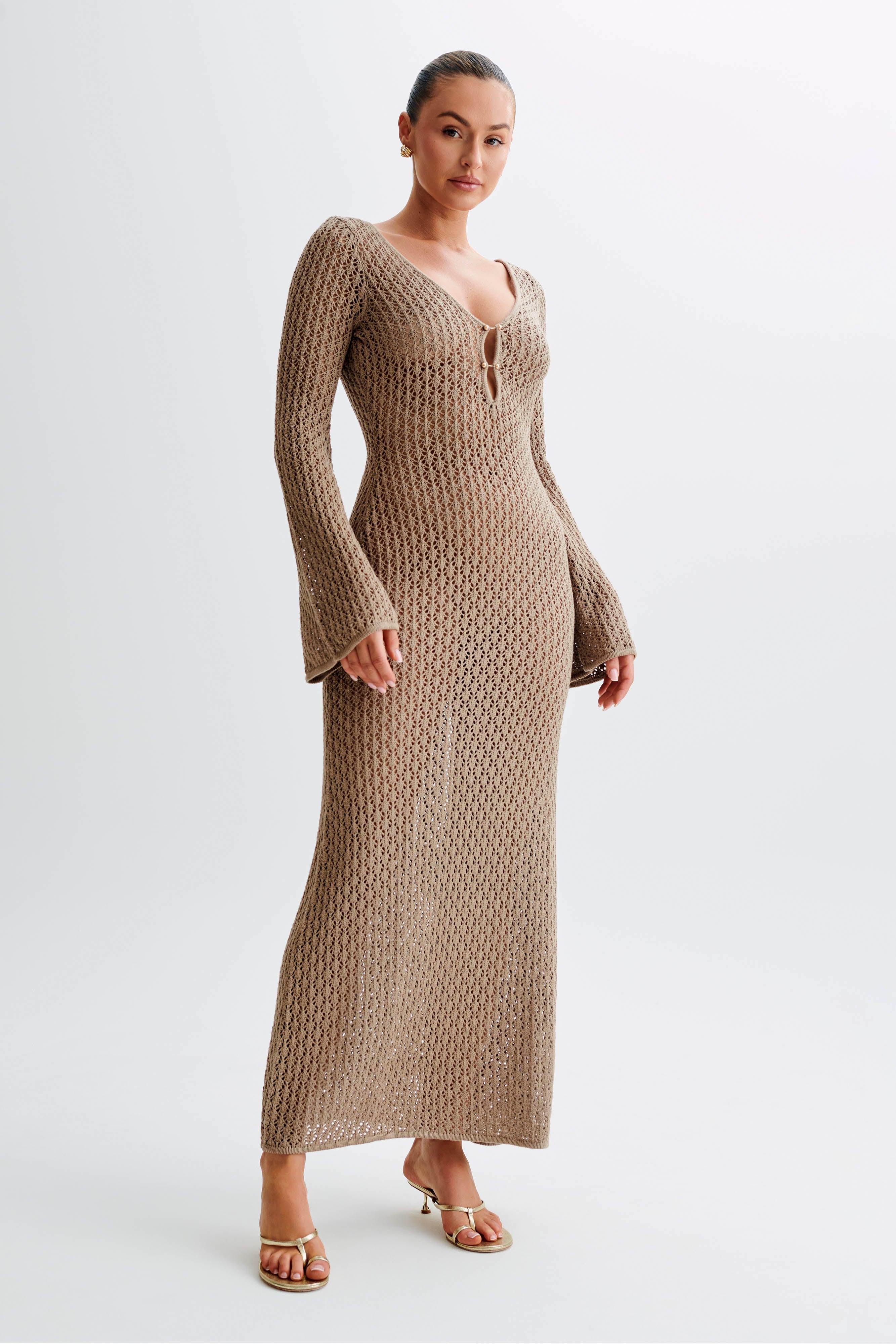 Kayleigh Crochet Fishtail Flare Sleeve Maxi Dress - Taupe Product Image