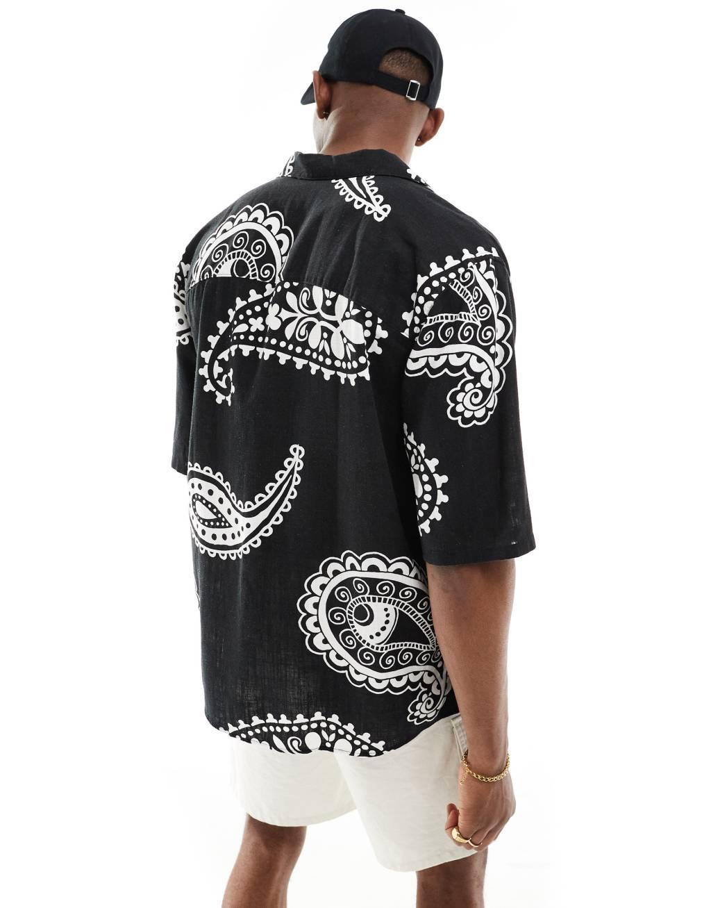 Only & Sons revere collar shirt with paisley print in black Product Image