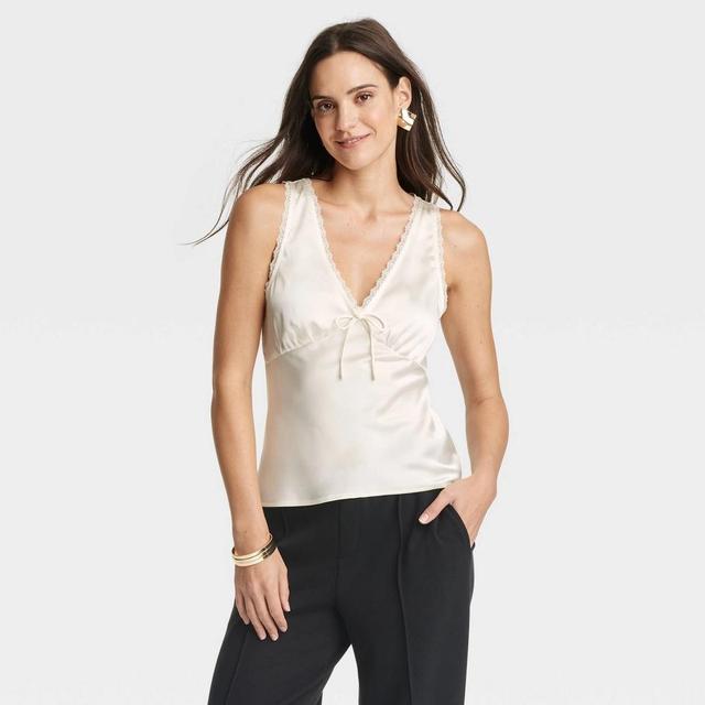 Womens Lace Trim Satin Tank Top - A New Day Cream XL Product Image